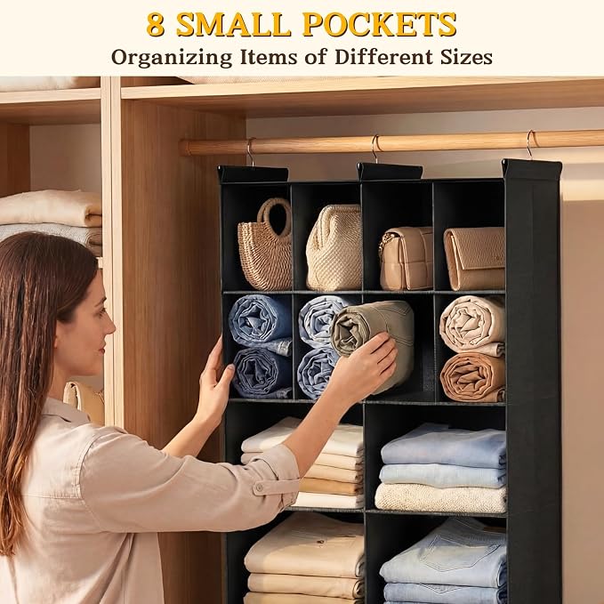 4 Tier Hanging Closet Organizer, 12 Compartments Dual Row Storage, Black | Closet Organizers and Storage with Large & Small Cubbies, 3 Sturdy Hooks Support Heavy Loads, for Dorm, RV, Garment Rack