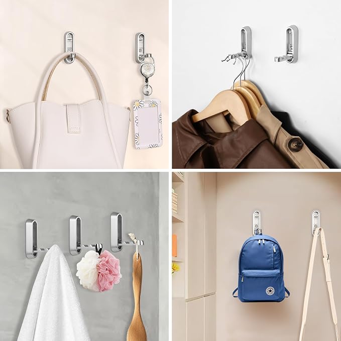 Folding Wall Hooks, 2 Pack, Silver, Zinc Alloy, Heavy Duty Coat Hooks | 90° Foldable Design, Wall Mounted, Zinc Alloy, Flip-Down Design, Includes Screws And Anchors, For Bedroom, Entryway, Closet