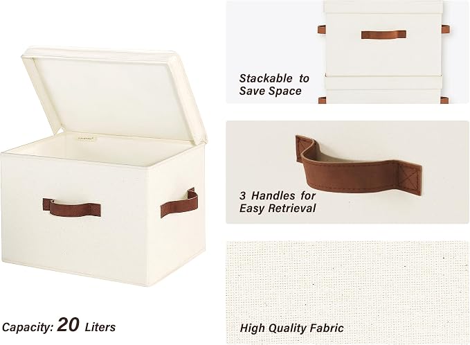 StorageWorks Fabric Storage Bins with Lid, Decorative Storage Boxes for Shelves, Stackable Closet Organizer Basket with Handles, Large, Ivory White, 2-Pack | Flip-Top Lid, 3 Handles, Collapsible, Stackable, for Clothes Blankets, Multi-Purpose, Large, I...