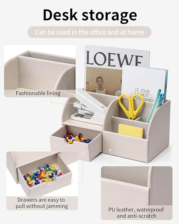Vlando Office Desk Organizer Leather Desktop Organizer Caddy with Drawer for Storing Desktop Supplies and Accessories (White) | White leather desktop caddy with compartments and a drawer organizes pens, notes and supplies for a clean workspace