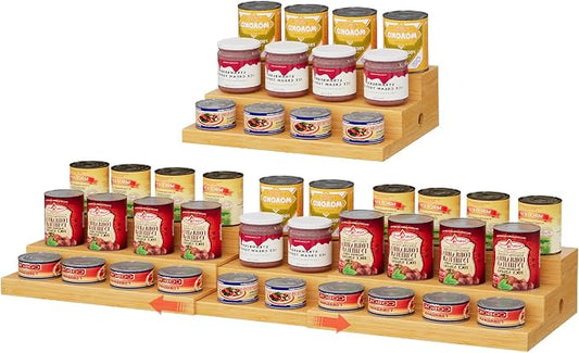Extra-Long Bamboo Can Rack, 3-Tier Pantry Organizer, Holds 45 Cans | Designed for larger pantries, this extra-long organizer stores up to 45 standard cans while keeping every can visible.