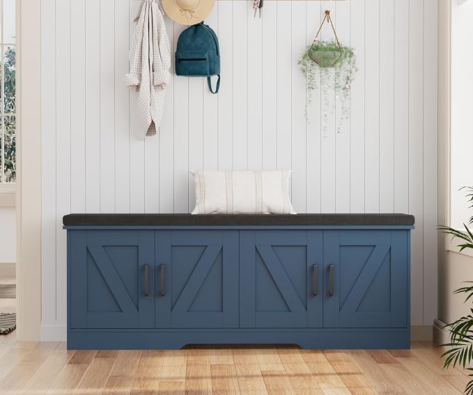 HOMSHO Farmhouse Shoe Storage Bench with 4 Barn Doors & Padded Seat Cushion | 47.2" Wide Entryway Bench with Adjustable Shelves & Hidden Storage, Blue