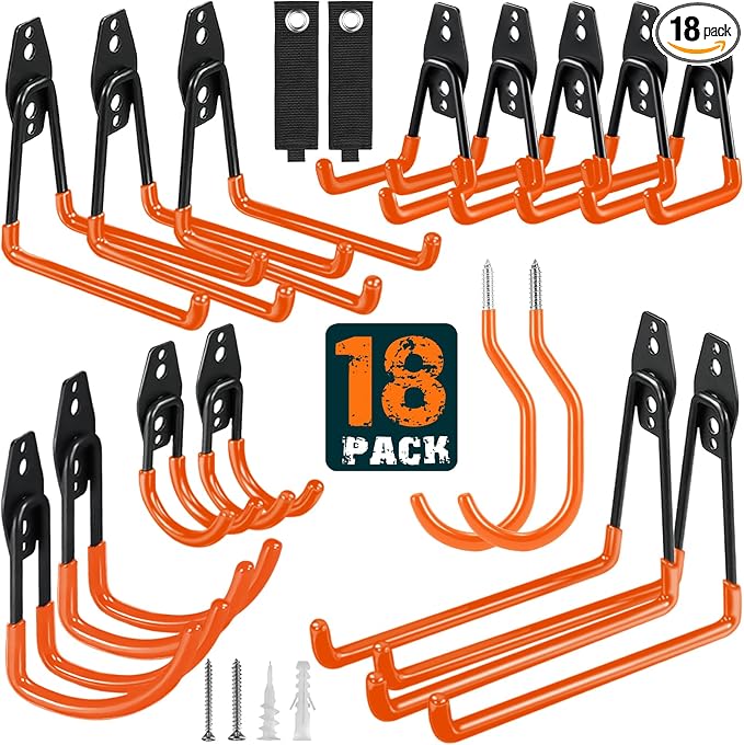 HUPBIPY 18 Pack Garage Hooks Heavy Duty, Wall Mount Ladder Hooks | Storage Organizer With a non-slip coating for Hanging Bicycles Garden Tools Ladders Hoses Ropes and Loose Items(Orange)