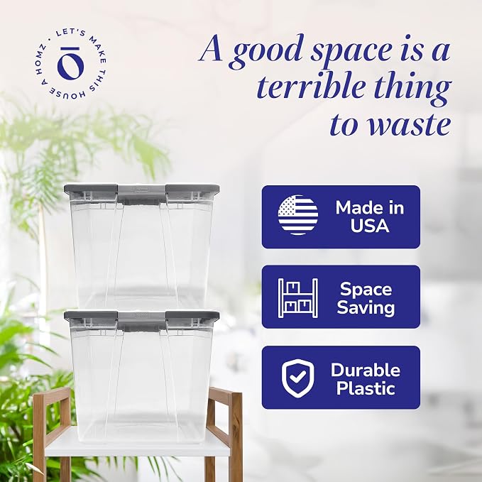 HOMZ 4-Pack Secure Latch, Clear Plastic Storage Organizer Bins, 64 Quart, Gray Lid - Stackable Container Boxes for Bedroom, Bathroom, Garage, and Office Organization