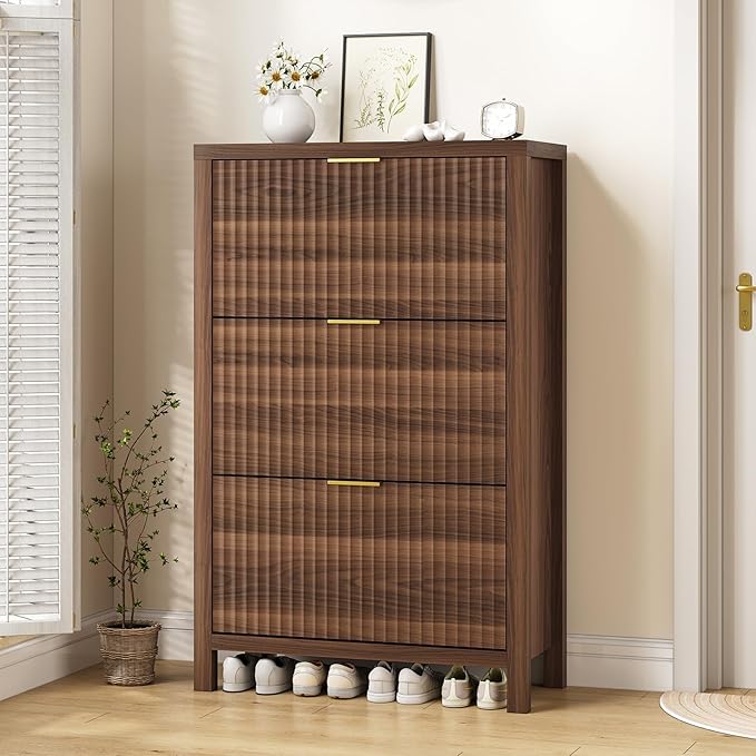 32" Fluted Shoe Cabinet Storage with 3 Flip Drawers for Entryway, Hallway | Hidden Shoe Rack Slim Freestanding Shoe Organizer with Legs for Hallway, Living Room, Walnut