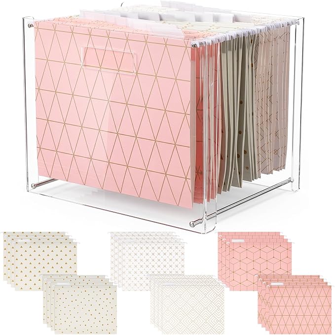 Dispowreath 24 Hanging File Folder with Acrylic Organizer for Letter/a4 Size Desktop Clear File Storage Box with Handles for Home Work Office Use (Geometric)