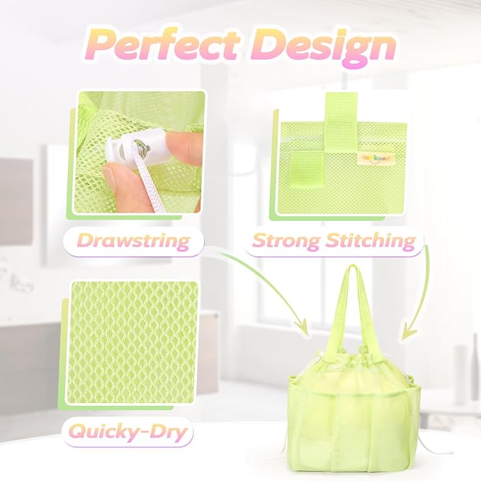 famichan Mesh Shower Caddy Portable with Drawstring, Dorm Room Essentials for College Students Girls & Boys, Large Shower Bag for Camping,Swimming,Gym,Travel,Bathroom - Green