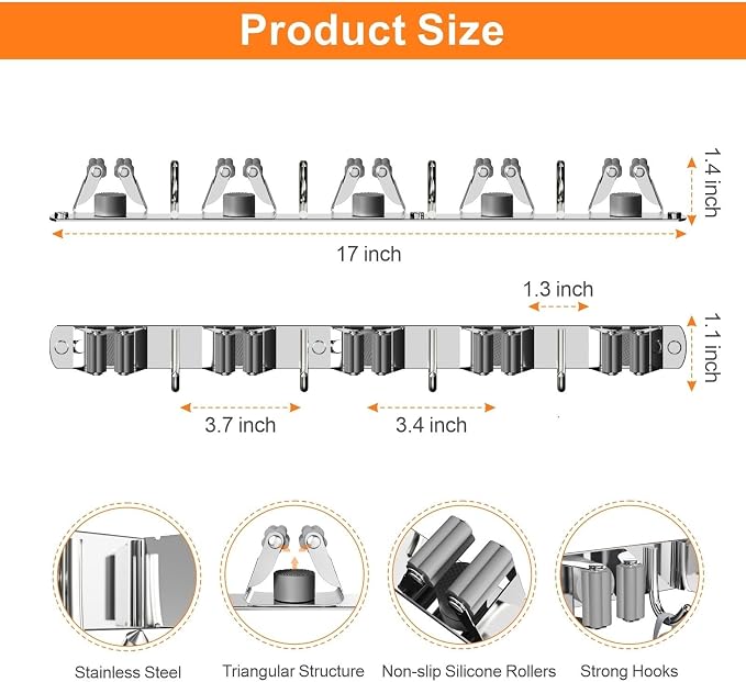 CUXIXA 2 Pack Mop and Broom Holder Wall Mount, Non-slip Broom Hanger Wall Mount, Heavy Duty Mop Broom Organizer for Kitchen Garden Garage Laundry Room Wall Decor Organization and Storage Silver 5R4H