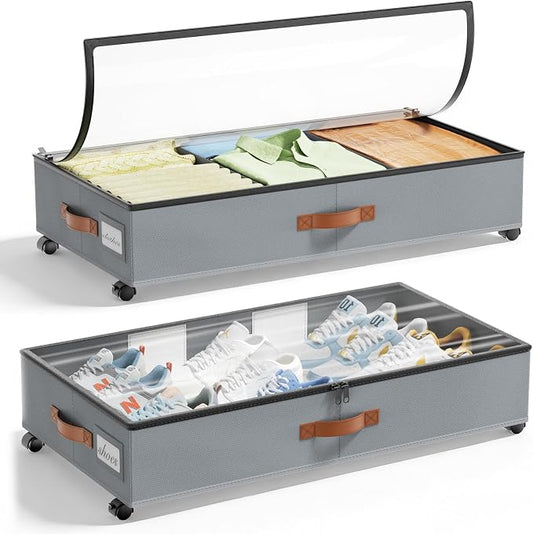 LAMU Under Bed Storage with Wheels, 2 Pack Under Bed Storage Containers with Clear Lids & Label, Rolling Under Bed Drawers for Clothes, Shoes, Blankets, Grey
