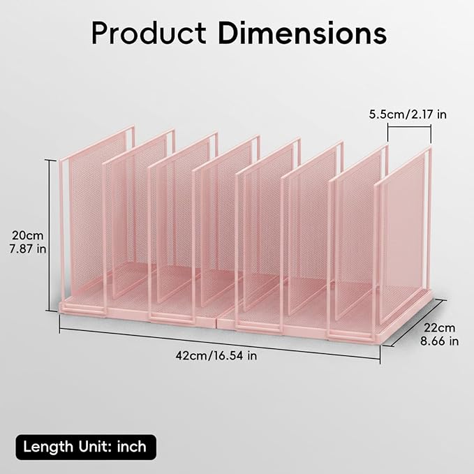 File Organizer for Desk, 7-Section Vertical File Sorter, Paper Holder Organizer Standing Metal File Folder for Office Home Classroom, Pink