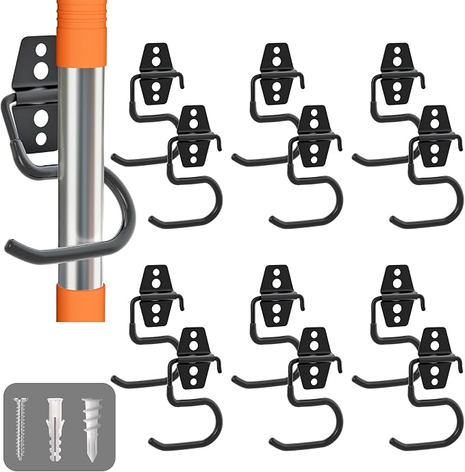 Broom Holder Wall Mount, 12Pack Tool Hangers Garage Wall Hanging Organizer | Heavy Duty Rubber Coated Steel, Large S Garage Hooks for Mop Shovel Rake Shed Garden Lawn Yard Handle Tools Organization