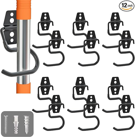 Broom Holder Wall Mount, 12Pack Tool Hangers Garage Wall Hanging Organizer | Heavy Duty Rubber Coated Steel, Large S Garage Hooks for Mop Shovel Rake Shed Garden Lawn Yard Handle Tools Organization