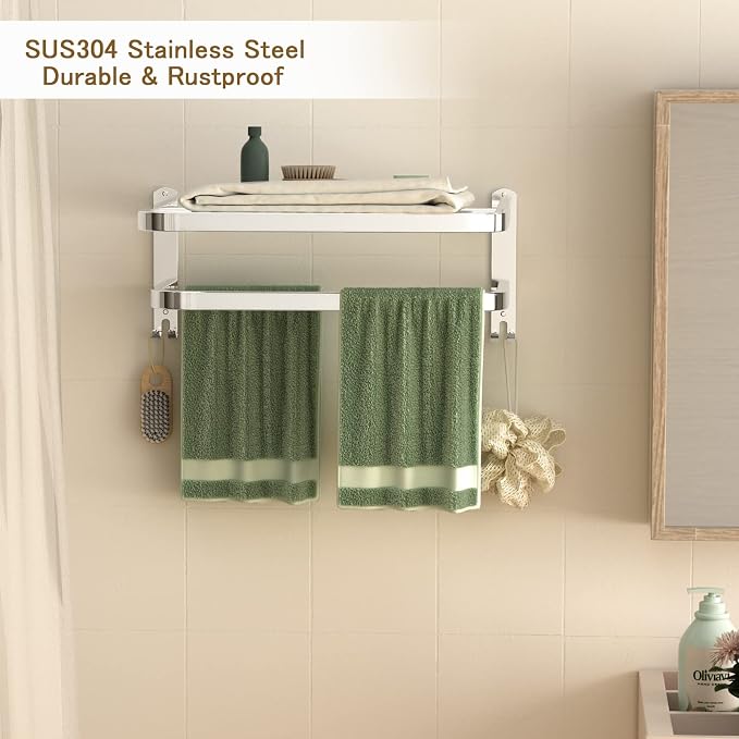 15 Inch Bathroom Towel Rack Towel Shelf with Double Towel Bars Lavatory Wall Mount Holder with Hooks Stainless Steel Hotel Bath Rack