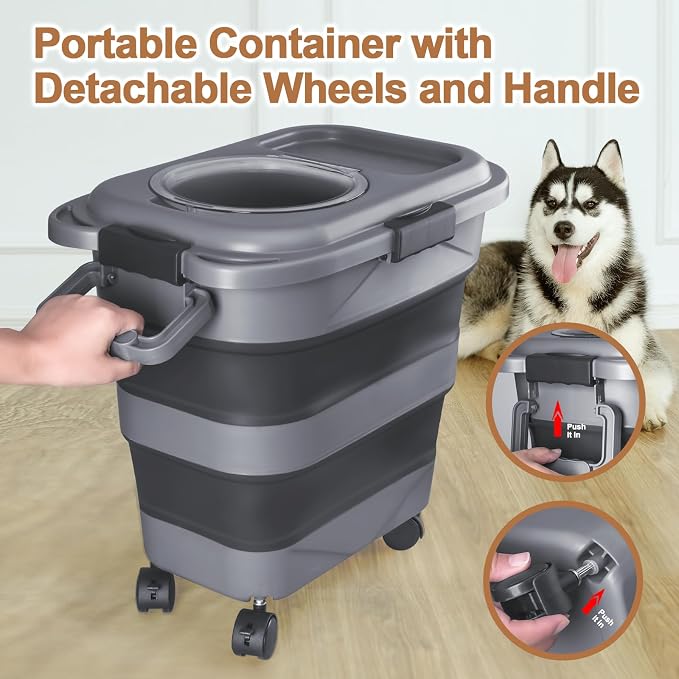 Dog Food Storage Container，2 Pack 25 lbs Airtight Collapsible Cat Food Storage Container with Attachable Wheels, Portable Handle, Dog Food Scoop for Dog Cat Bird Pet Dry Food Storage Bin Large