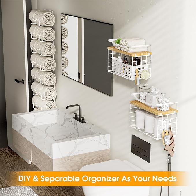 Towel Racks for Bathroom,Towel Rack Wall Mounted, 6 Tier Rolled Or Folded Towel Holder with Floating Shelves, Bathroom Towel Holder for Bath, Hand Towels,White,Walnut Wood Panel