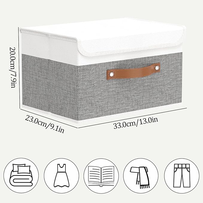 OUTBROS Storage Basket with Lid 13 x 9.1 x 7.9 inch, White/Grey, 5-Pack | Linen Fabric Containers, Wardrobe Organiser For Towels, Clothes