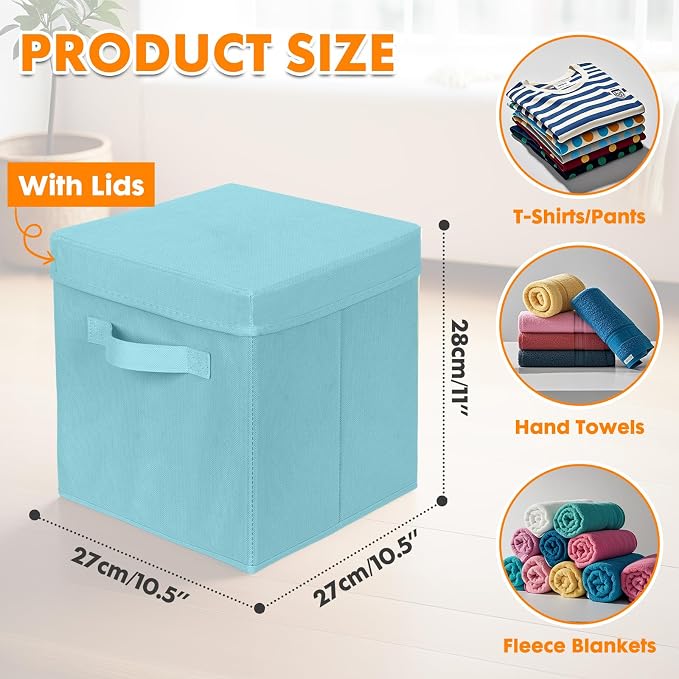 ShellKingdom Storage Bins, Foldable Fabric Storage Cube with Lid for Closet | Clothes Storage Organizer Drawer For Closet Toys Storage, 10.5 X 10.5 X 11 INCH, 2 Pack (Light Blue)