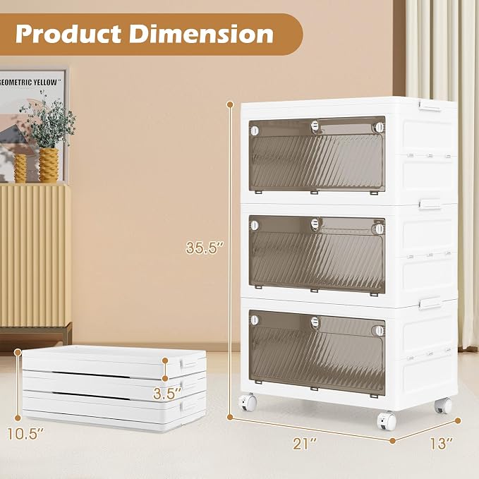 3-Tier Stackable Storage Bins, 33-gal Collapsible Storage Boxes with Lid, 3-Way-to-Open Drawers, Foldable and Stackable Closet Storage Organizer with Wheels for Bedroom, Cloakroom, Dorm