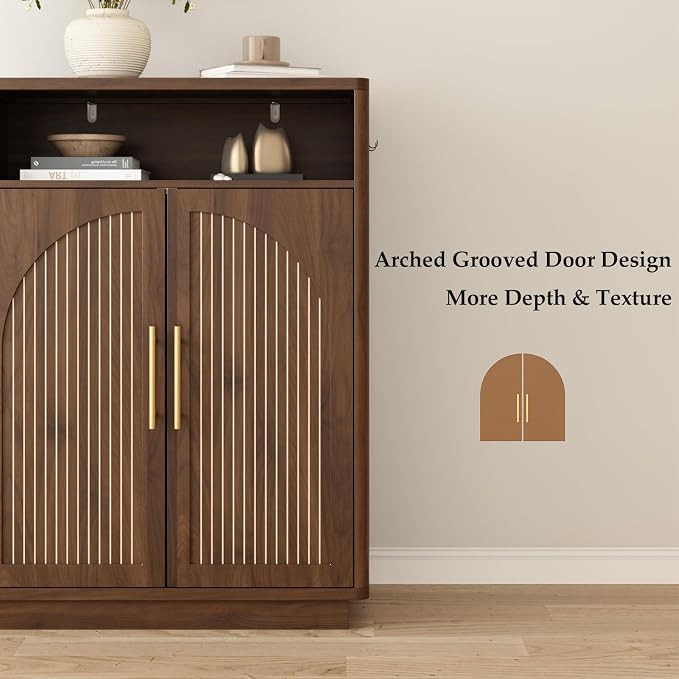 Fluted Shoe Storage Cabinet with 2 Arch Doors, 43" Tall Wood Cabinet | 6-Tier Large Shoe Rack w/Adjustable Shelves, Mid Century Modern Hidden Shoes Organizer for Hallway, Entryway, Fits Size 13
