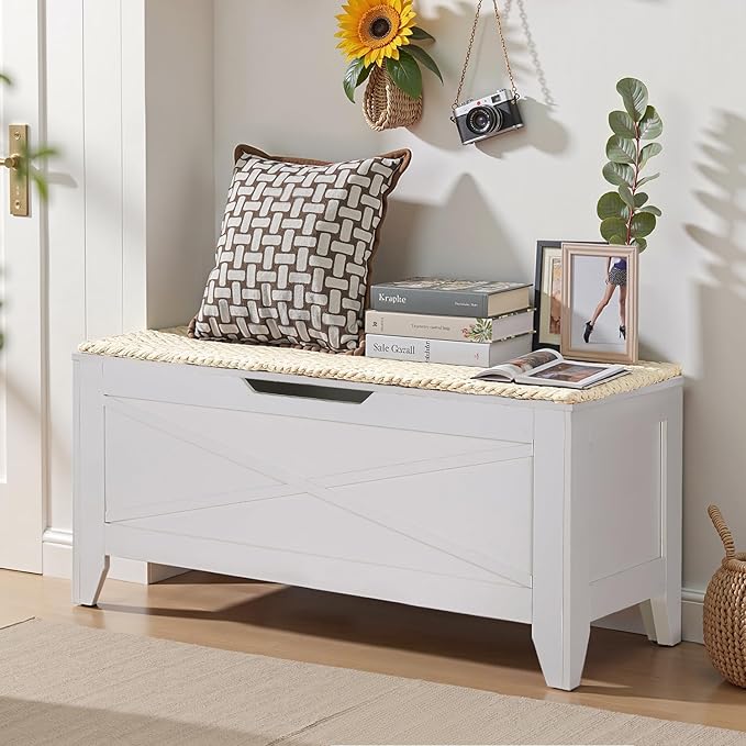 VECELO 43.3" Storage Chest with Lift Top Storage, Farmhouse Style Ottoman with Handwoven Wicker Cushion, Safety Hinges, Ideal for Entryway, Bedroom, Living Room, Ivory White