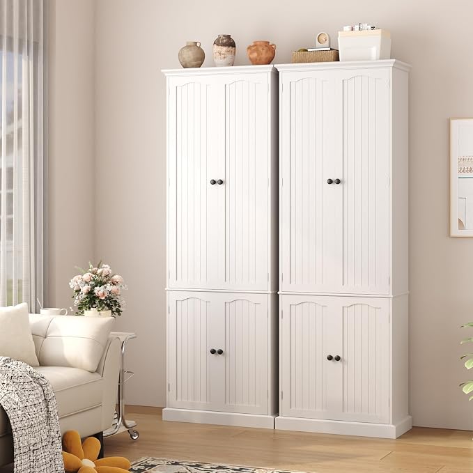 Function Home 72" Kitchen Pantry Cabinet, Tall Wood Storage Cabinet with Doors and Adjustable Shelves, 6-Tier Freestanding Cupboard for Kitchen Dining Room Living Room Bathroom, White
