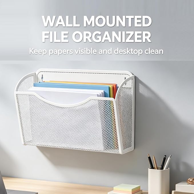 Gawerk Mesh Hanging Wall File Holders, Metal Vertical Wall Basket Mail Organizer for Office/Home (White, 6 Pack Wall Mounted)