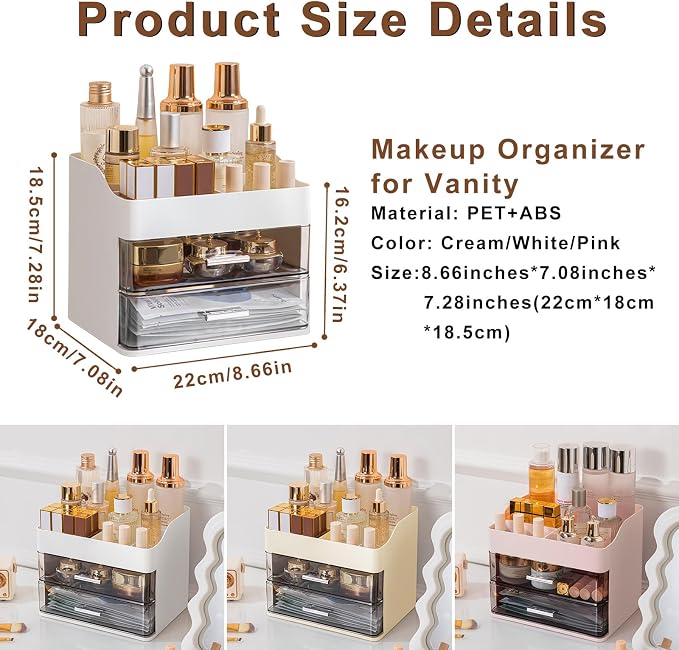 DASITON Makeup Organizer with 2 Drawers, Large Capacity Makeup Cosmetic Organizers for Vanity Dresser Bathroom Countertop, Vanity Organizer Makeup Storage Box for Skincare, Eyeshadow, Lotions (White)