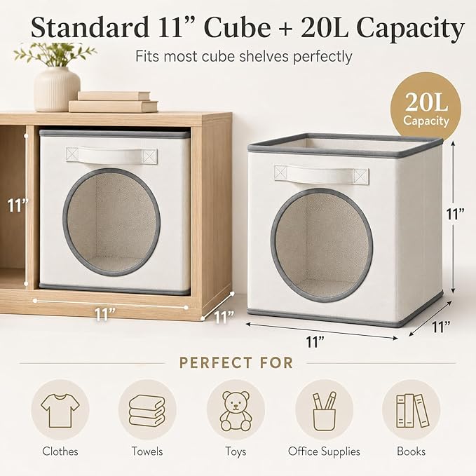 Fabric Storage Cubes with Mesh Window, 11'' Cube Storage Bin, Ivory, 4 Pack | See through Round window, Foldable Odor-Free & Sturdy PP Structure, Cubby Baskets for Closet, Shelves, Bedroom and Offices