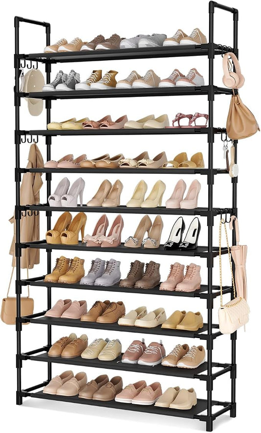 LANTEFUL Tall Shoe Rack 10 Tier Shoe Organizer Large Shoe Shelf with 18 Hooks Storage for 50 Pair, Stackable Vertical Shoe Rack Organizer for Closet, Entryway, Bedroom