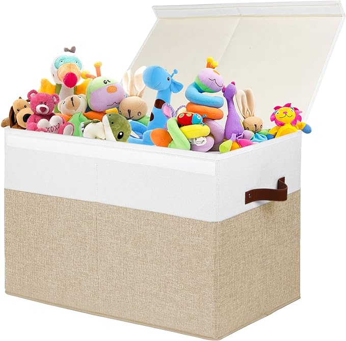 Large Toy Storage Box with Lid, Toy Chest Bin Boxes Basket with Dividers | Sturdy Toy Organizer Bin for Kids, Boys, Girls, Nursery, Living Room, Bedroom, Playroom 25"x13" x16" (Beige and White)
