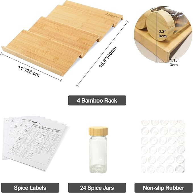 Spice Drawer Organizer with 24 Bamboo-lidded Spice Jars,216 Labels,25 Non-slip Rubber, Bamboo 4 Tier Seasoning Rack Tray Insert for Kitchen Drawers,Cabinets,Countertop,11" Wide x 15.8" Deep