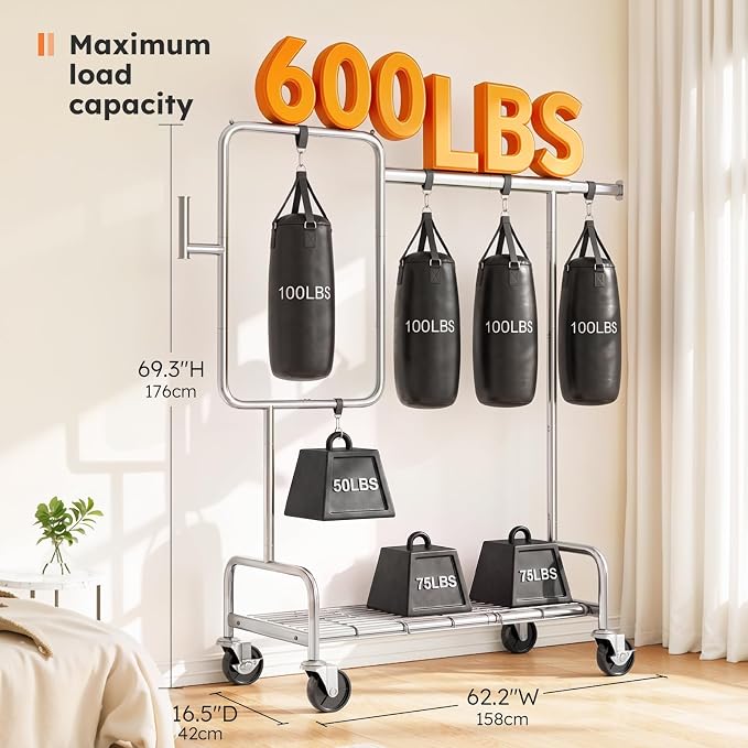 SOLEDI Heavy Duty Partitioned Clothes Rack, 600 LBS Load Metal Garment Rack with Shelves & Lockable Wheels, Rolling Hanging Rack for Bedroom, Laundry Room, Store & Garage (Silver)
