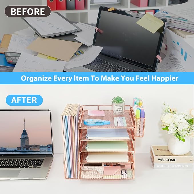 Desk Organizers and Accessories, 5-Tier Paper Letter Tray Organizer with File Holder, Drawer & Pen Holder, Office Desk Accessories, Desktop Organizer for Classroom Office Supplies, Rose Gold