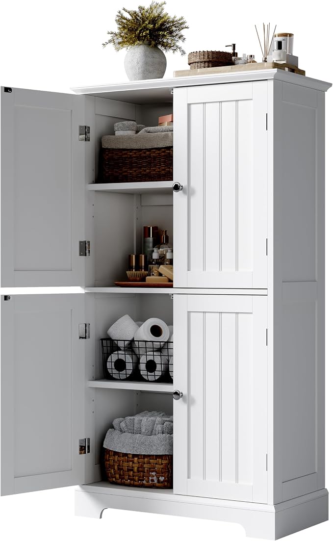 ChooChoo Bathroom Floor Cabinet with Adjustable Shelves | Bathroom Storage Cabinet, 4 Doors, Freestanding Cupboard for Living Room, White