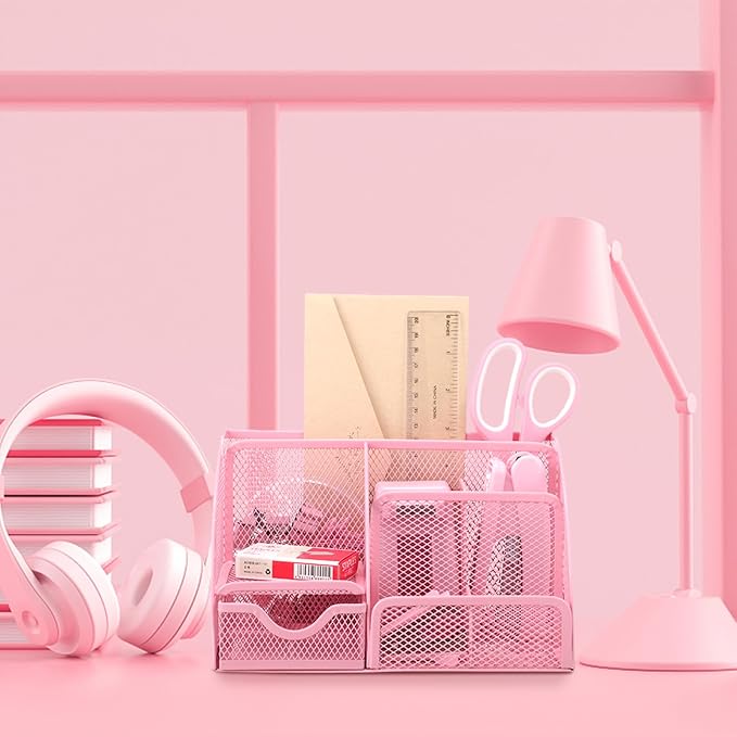 auroray Pink Desk Organizers and Accessories, Pink Office Supplies Include Mesh Desk Organizer, Tape Dispenser, Stapler, 1000 Staples, Staple Remover, Pen Holder, Clips Set, Ruler, Scissors
