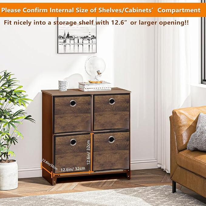 4 Pack Durable Storage Cube Bin with Decorative Wood Grain,Stylish Thickened Fabric Cube Box,Space-saving Storage Basket for Shelves,Closet,Office,Bedroom,Living Room,Nursery,Dorm,RV,13x13x13in(Large)