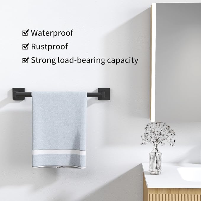 MKO Towel Bar for Bathroom, 16" 2 Pack Wall Mounted Towel Rack, Black | Hand Towel Holder Rod with Heavy-Duty Stainless Steel for Bathroom Kitchen Hanger, 2 Pack Value