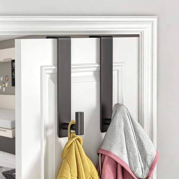 WUIVIUT Extended Over Door Hooks, Heavy-Duty Stainless Steel No-Drill Coat & Towel Hanger (T Shape 2 Pack, Fits 1-3/4'' Thick)