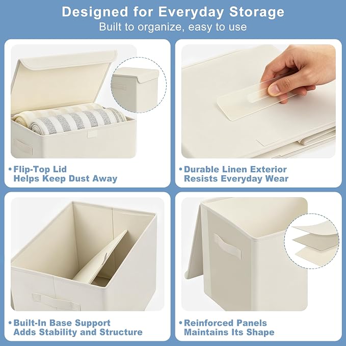 Bagnizer Large 42 Quarts Collapsible Stackable Storage Bins Cube with Lids [3-Pack] Foldable Fabric Linen Storage Boxes, Closet Organizer Baskets with Label for Home (16.7 x 12 x 12, Beige)