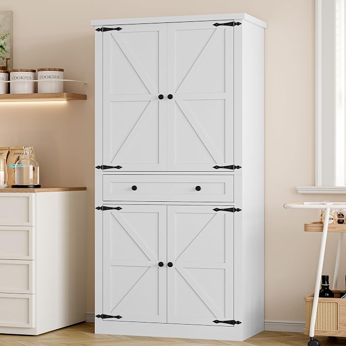 BORNOON Pantry Organizers and Storage Cabinet, 67.7” Barn Door White Kitchen Cabinet with Drawers and Adjustable Shelf, Tall Pantry for Kitchen, Dining Room, Living Room