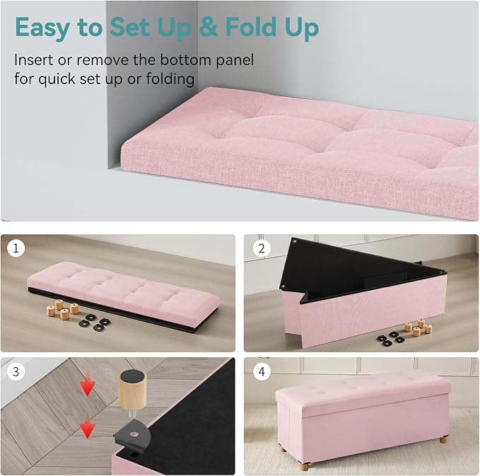 BRIAN & DANY 43 Inches Folding Storage Ottoman Bench, Ottoman with Storage Bench for Bedroom, Living Room, Entryway, with Legs, Pink
