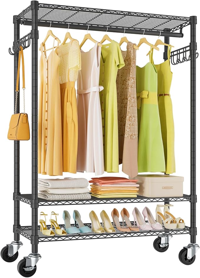 VIPEK R3 Plus Rolling Clothes Rack Heavy Duty Closet for Hanging Clothes | Lockable Silent Wheels, Adjustable Wire Shelving, Metal Side Hooks, Load 380lbs, Space-Saving Storage for Bedroom, Black
