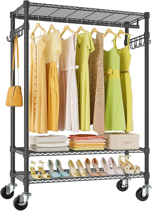 VIPEK R3 Plus Rolling Clothes Rack Heavy Duty Closet for Hanging Clothes | Lockable Silent Wheels, Adjustable Wire Shelving, Metal Side Hooks, Load 380lbs, Space-Saving Storage for Bedroom, Black