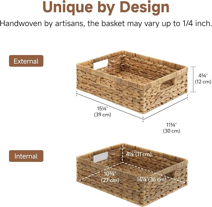 StorageWorks Pantry Baskets, Wicker Storage Baskets for Organizing, Shelves, Pantry Organizers and Storage, Water Hyacinth, 15¼"L x 11¾"W x 4 ¾"H