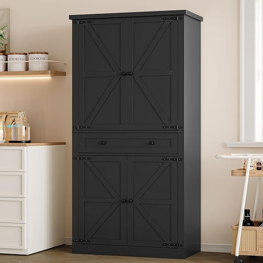 BORNOON Pantry Organizers and Storage Cabinet, 67.7” Barn Door White Kitchen Cabinet with Drawers and Adjustable Shelf, Tall Pantry for Kitchen, Dining Room, Living Room