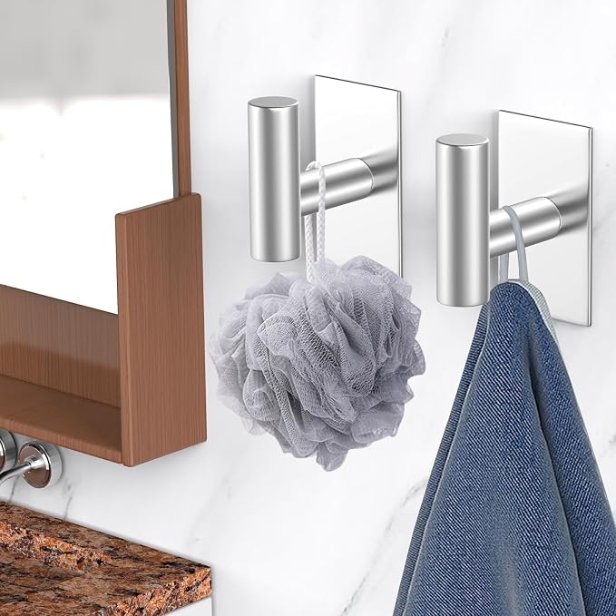 VAEHOLD Wall Towel Hooks, Heavy Duty Sticky Holder Waterproof Towel Hooks for Hanging Coat, Clothes, Closet Hook Wall Mount for Kitchen (Silver, 6 Pack)