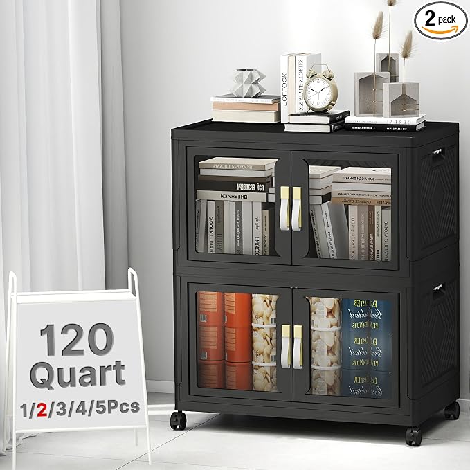 Stackable Storage Bins with Lids, 240QT Extra Large Storage Cabinet | Clear Doors, Foldable Storage Drawers, Heavy Duty, Collapsible Closet Organizers for Bedroom Office (2, Black, 120, Quarts)