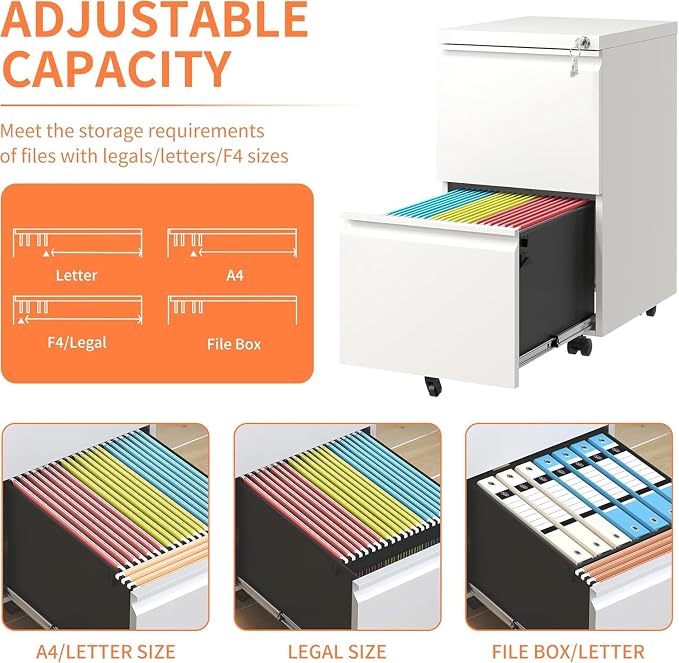 Guizeeopo 2 Drawer Locking File Cabinet, Fully Assembled Heavy-Duty Metal Filing Cabinets for Home Office, Quiet Slides, Anti-Tipping Wheels, Fits A4/Letter/Legal, Matte White