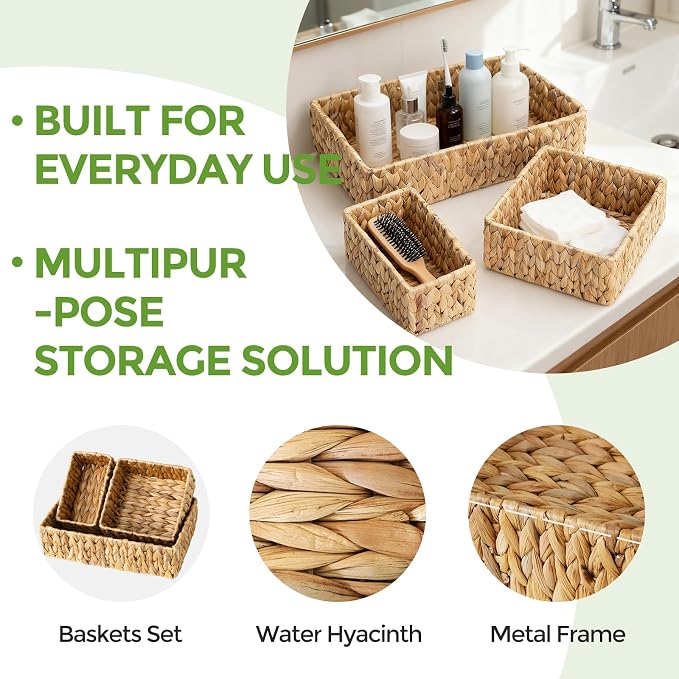 Wicker Storage Baskets Set of 3, Large and Small Wicker Pantry Baskets Set | Handwoven Water Hyacinth Baskets for Organizing, Decorative Natural Woven Baskets 3Pack for Toilet Shelves, Boho Decor