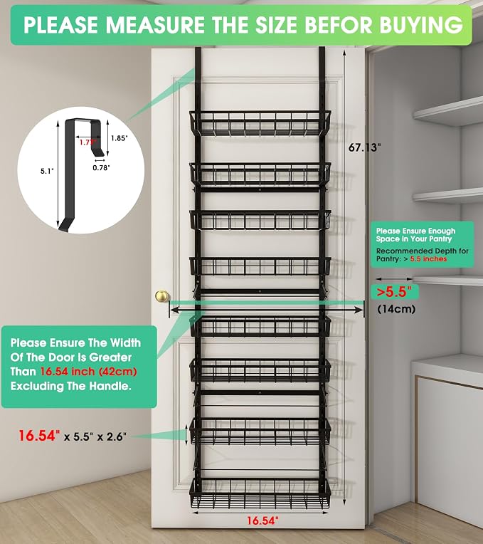 Mefirt Over The Door Pantry Organizer, Wall Mount Spice Rack 8-Tier Black | Pantry Hanging Storage and Organization, Adjustable Baskets Heavy-Duty Metal for Home & Kitchen, Back of Door Seasoning Rack